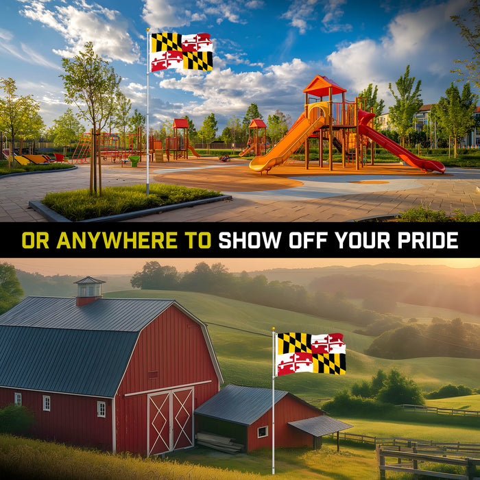 G128 Combo Pack: 16 Ft Telescoping Aluminum Flagpole (Silver) & Maryland MD  3x5 Ft, ToughWeave Series Embroidered 300D Polyester | Pole with Flag Included