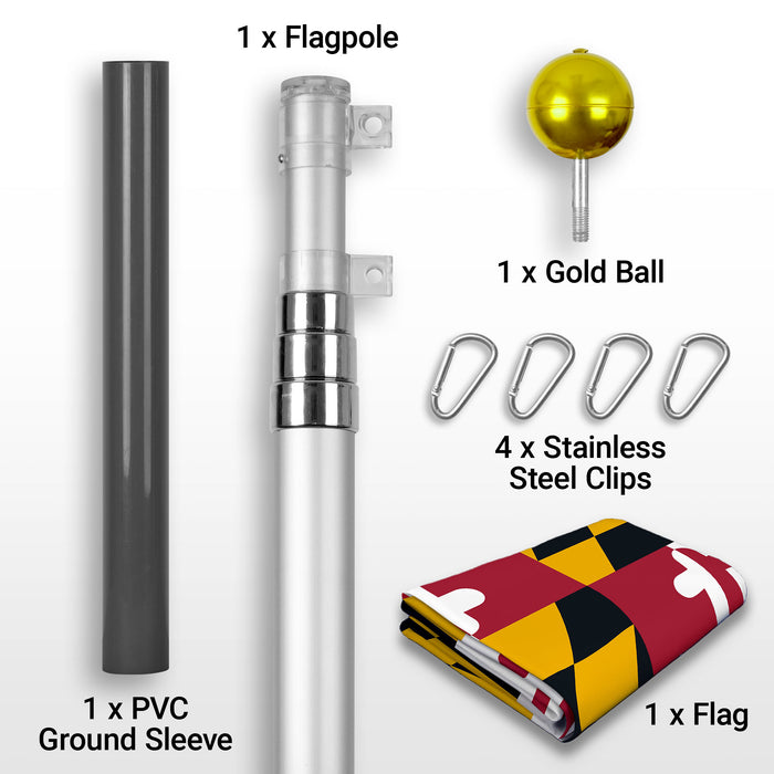 G128 Combo Pack: 16 Ft Telescoping Aluminum Flagpole (Silver) & Maryland MD  3x5 Ft, ToughWeave Series Embroidered 300D Polyester | Pole with Flag Included