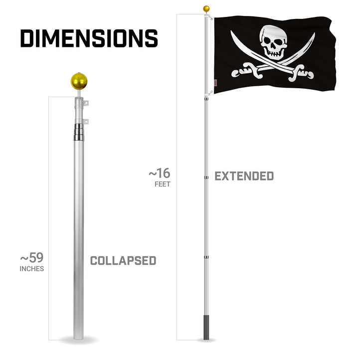 G128 Combo Pack: 16 Ft Telescoping Aluminum Flagpole (Silver) & Pirate Jolly Roger Swords Flag 3x5 Ft, ToughWeave Series Embroidered 300D Polyester | Pole with Flag Included