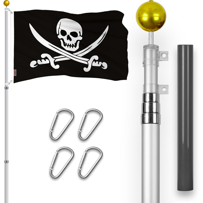 G128 Combo Pack: 16 Ft Telescoping Aluminum Flagpole (Silver) & Pirate Jolly Roger Swords Flag 3x5 Ft, ToughWeave Series Embroidered 300D Polyester | Pole with Flag Included