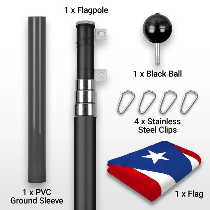 G128 Combo Pack: 16 Ft Telescoping Aluminum Flagpole (Black) & Puerto Rico Puerto Rican Flag 3x5 Ft, ToughWeave Series Embroidered 300D Polyester | Pole with Flag Included