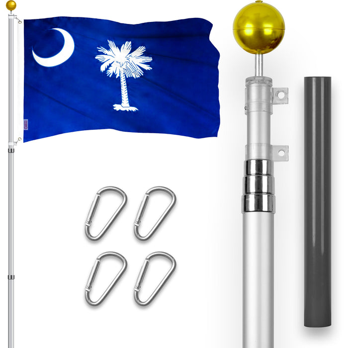 G128 Combo Pack: 16 Ft Telescoping Aluminum Flagpole (Silver) & South Carolina SC  3x5 Ft, ToughWeave Series Embroidered 300D Polyester | Pole with Flag Included
