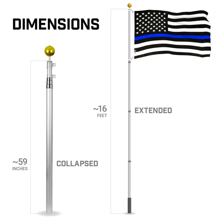 G128 Combo Pack: 16 Ft Telescoping Aluminum Flagpole (Silver) & Thin Blue Line Flag 3x5 Ft, ToughWeave Series Embroidered 210D Polyester | Pole with Flag Included