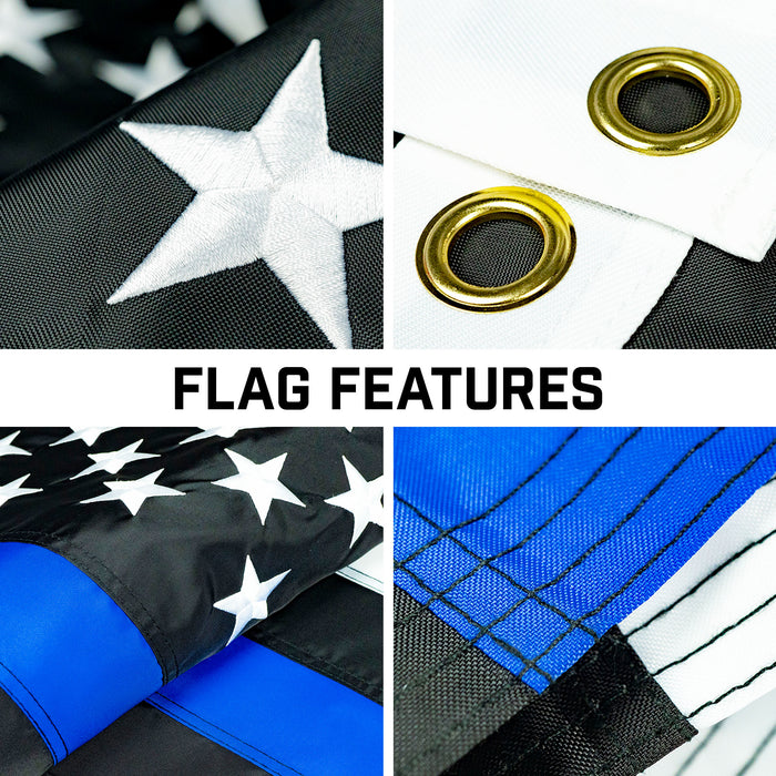G128 Combo Pack: 16 Ft Telescoping Aluminum Flagpole (Silver) & Thin Blue Line Flag 3x5 Ft, ToughWeave Series Embroidered 210D Polyester | Pole with Flag Included