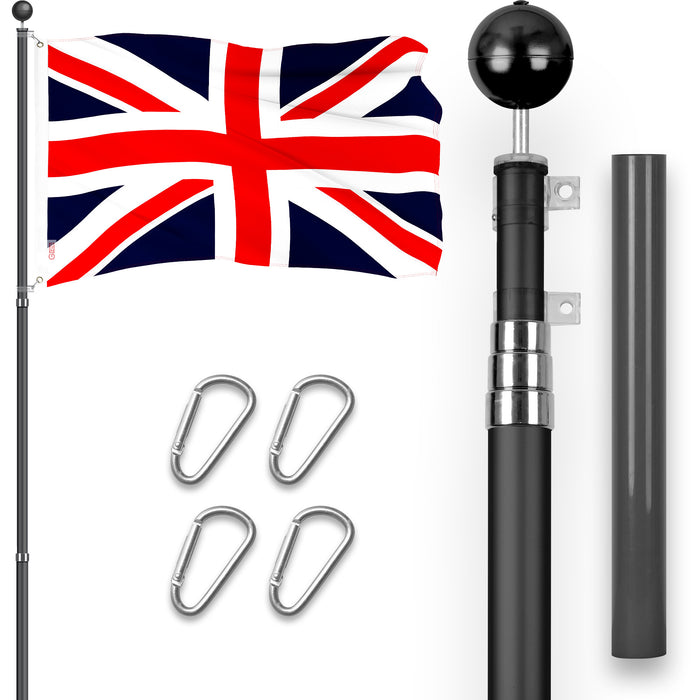 G128 Combo Pack: 16 Ft Telescoping Aluminum Flagpole (Black) & UK United Kingdom Flag 3x5 Ft, ToughWeave Series Embroidered 300D Polyester | Pole with Flag Included