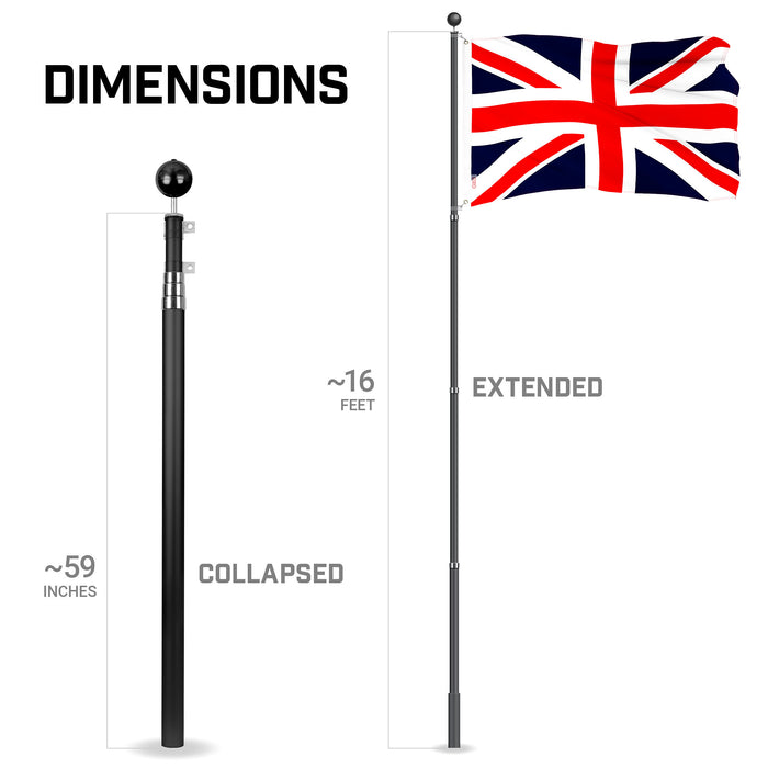G128 Combo Pack: 16 Ft Telescoping Aluminum Flagpole (Black) & UK United Kingdom Flag 3x5 Ft, ToughWeave Series Embroidered 300D Polyester | Pole with Flag Included