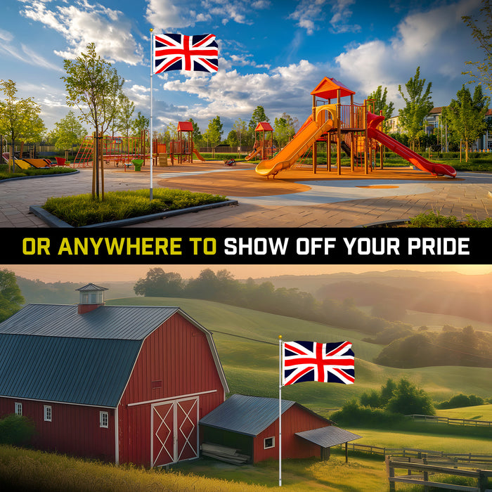G128 Combo Pack: 16 Ft Telescoping Aluminum Flagpole (Silver) & UK United Kingdom Flag 3x5 Ft, ToughWeave Series Embroidered 300D Polyester | Pole with Flag Included