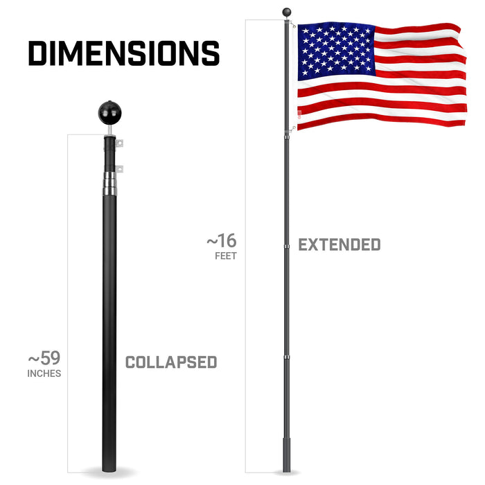G128 Combo Pack: 16 Ft Telescoping Aluminum Flagpole (Black) & American USA Flag 3x5 Ft, ToughWeave Series Embroidered 210D Polyester | Pole with Flag Included