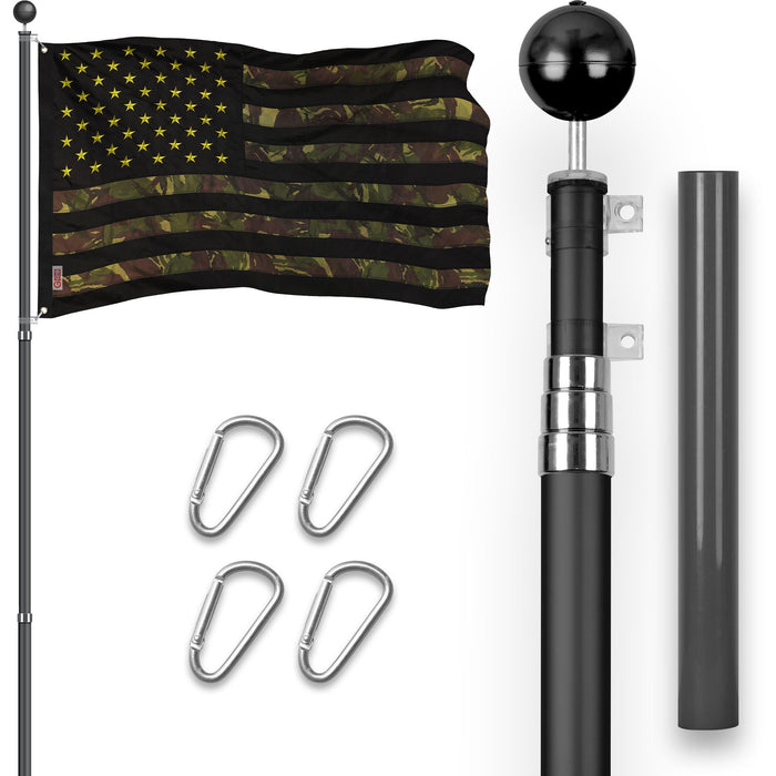 G128 Combo Pack: 16 Ft Telescoping Aluminum Flagpole (Black) & American USA Camouflage Flag 3x5 Ft, ToughWeave Pro Series Embroidered 420D Polyester | Pole with Flag Included