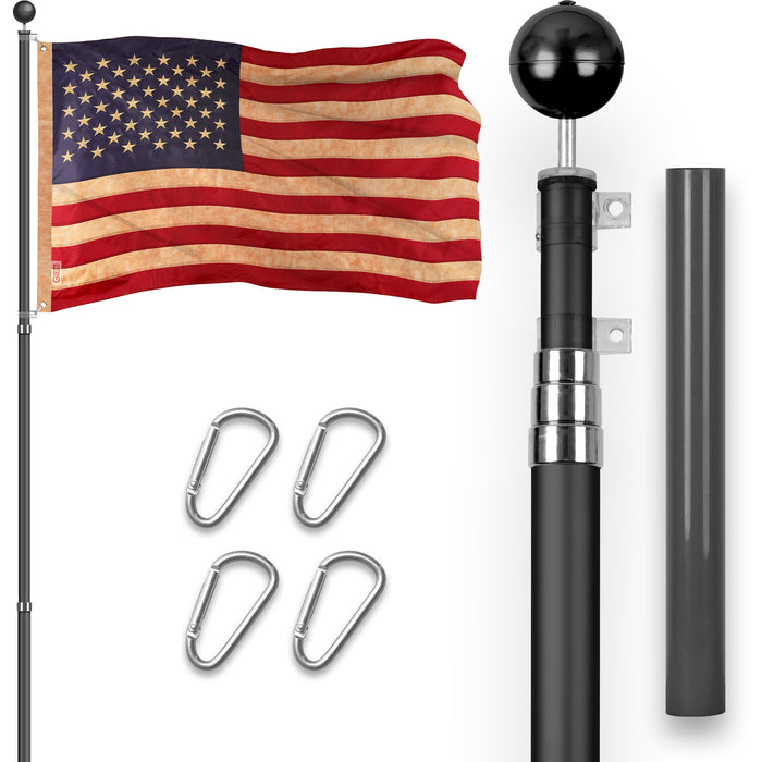 G128 Combo Pack: 16 Ft Telescoping Aluminum Flagpole (Black) & American USA Tea-Stained Flag 3x5 Ft, ToughWeave Pro Series Embroidered 420D Polyester | Pole with Flag Included