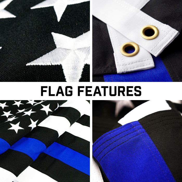 G128 Combo Pack: 16 Ft Telescoping Aluminum Flagpole (Silver) & Thin Blue Line Flag 3x5 Ft, StormFlyer Series Embroidered 220GSM Spun Polyester | Pole with Flag Included