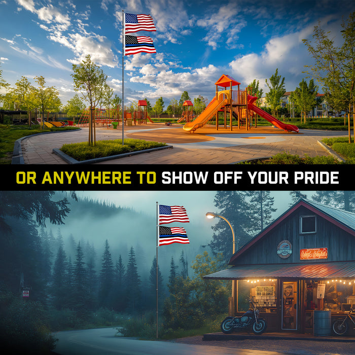 G128 Combo Pack: 20 Ft Telescoping Aluminum Flagpole (Black) & American and Blue Lives Matter Flags 3x5 Ft, Both StormFlyer Series Embroidered 220GSM Spun Polyester | Pole with Flags Included