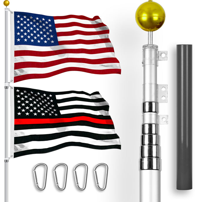 G128 Combo Pack: 20 Ft Telescoping Aluminum Flagpole (Silver) & American and Thin Red Line Flags 3x5 Ft, Both StormFlyer Series Embroidered 220GSM Spun Polyester | Pole with Flags Included