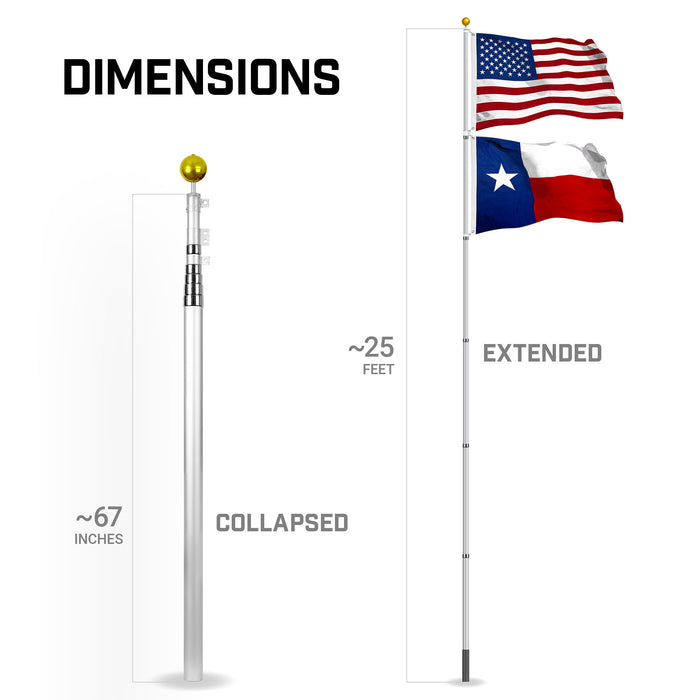 G128 Combo Pack: 25 Ft Telescoping Aluminum Flagpole (Silver) & American and Texas Flags 3x5 Ft, Both StormFlyer Series Embroidered 220GSM Spun Polyester | Pole with Flags Included