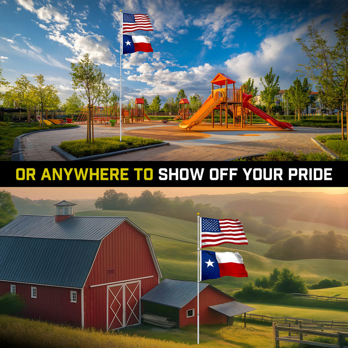 G128 Combo Pack: 25 Ft Telescoping Aluminum Flagpole (Silver) & American and Texas Flags 3x5 Ft, Both StormFlyer Series Embroidered 220GSM Spun Polyester | Pole with Flags Included