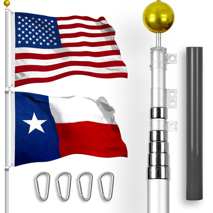 G128 Combo Pack: 25 Ft Telescoping Aluminum Flagpole (Silver) & American and Texas Flags 3x5 Ft, Both StormFlyer Series Embroidered 220GSM Spun Polyester | Pole with Flags Included