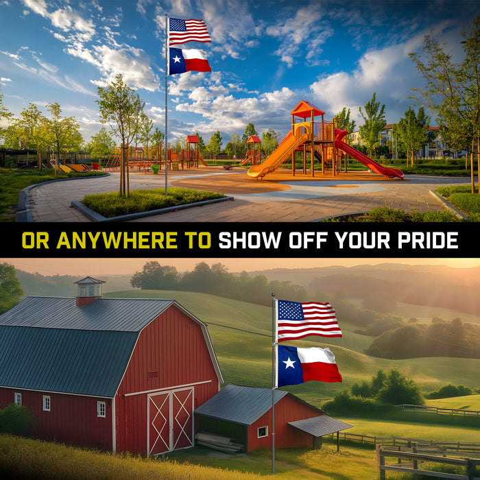 G128 Combo Pack: 20 Ft Telescoping Aluminum Flagpole (Black) & American and Texas Flags 3x5 Ft, Both StormFlyer Series Embroidered 220GSM Spun Polyester | Pole with Flags Included