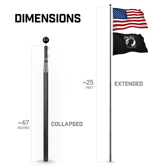 G128 Combo Pack: 25 Ft Telescoping Aluminum Flagpole (Black) & American and POW Flags 3x5 Ft, Both StormFlyer Series Embroidered 220GSM Spun Polyester | Pole with Flags Included