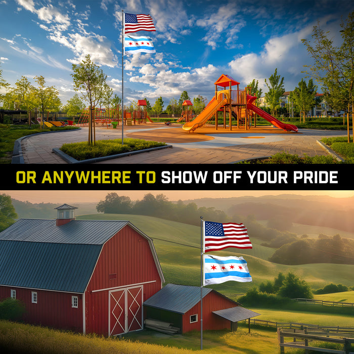 G128 Combo Pack: 25 Ft Telescoping Aluminum Flagpole (Black) & American and Chicago Flags 3x5 Ft, Both StormFlyer Series Embroidered 220GSM Spun Polyester | Pole with Flags Included