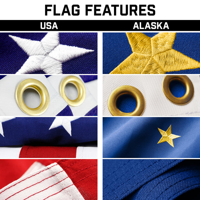 G128 Combo Pack: 20 Ft Telescoping Aluminum Flagpole (Silver) & American and Alaska Flags 3x5 Ft, Both StormFlyer Series Embroidered 220GSM Spun Polyester | Pole with Flags Included