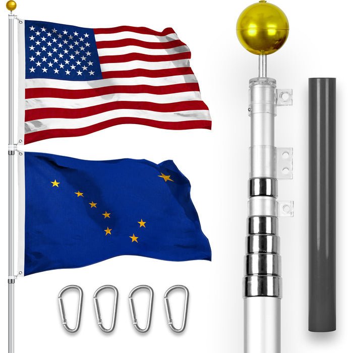 G128 Combo Pack: 20 Ft Telescoping Aluminum Flagpole (Silver) & American and Alaska Flags 3x5 Ft, Both StormFlyer Series Embroidered 220GSM Spun Polyester | Pole with Flags Included