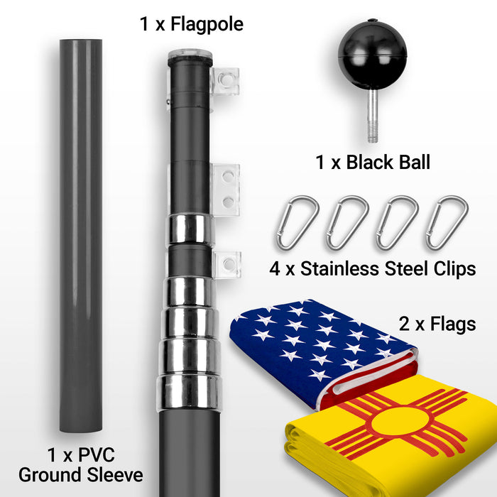 G128 Combo Pack: 25 Ft Telescoping Aluminum Flagpole (Black) & American and New Mexico Flags 3x5 Ft, Both StormFlyer Series Embroidered 220GSM Spun Polyester | Pole with Flags Included