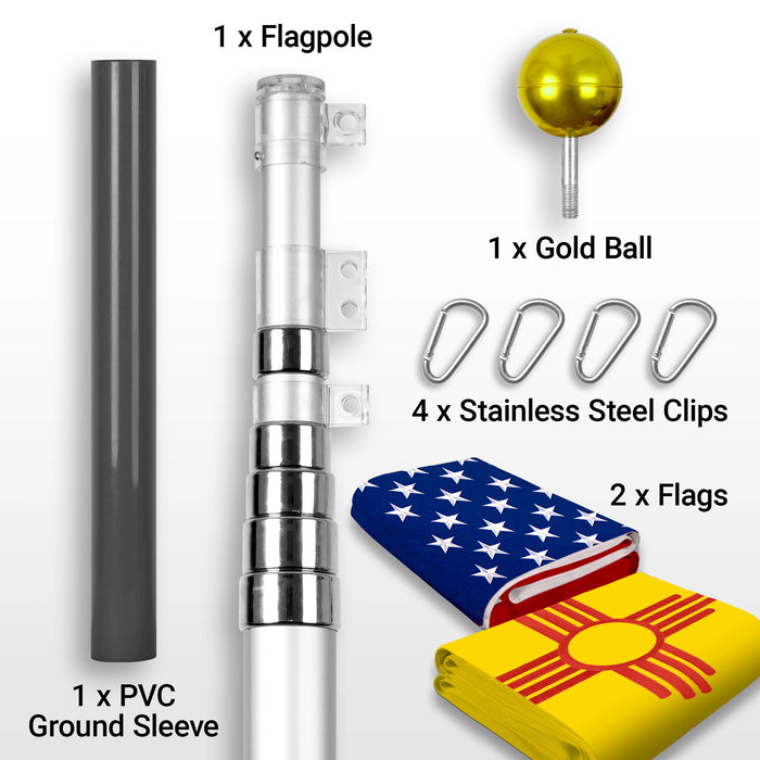 G128 Combo Pack: 20 Ft Telescoping Aluminum Flagpole (Silver) & American and New Mexico Flags 3x5 Ft, Both StormFlyer Series Embroidered 220GSM Spun Polyester | Pole with Flags Included