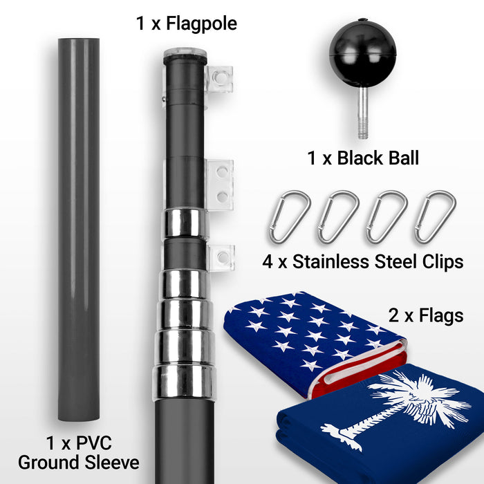 G128 Combo Pack: 25 Ft Telescoping Aluminum Flagpole (Black) & American and South Carolina Flags 3x5 Ft, Both StormFlyer Series Embroidered 220GSM Spun Polyester | Pole with Flags Included
