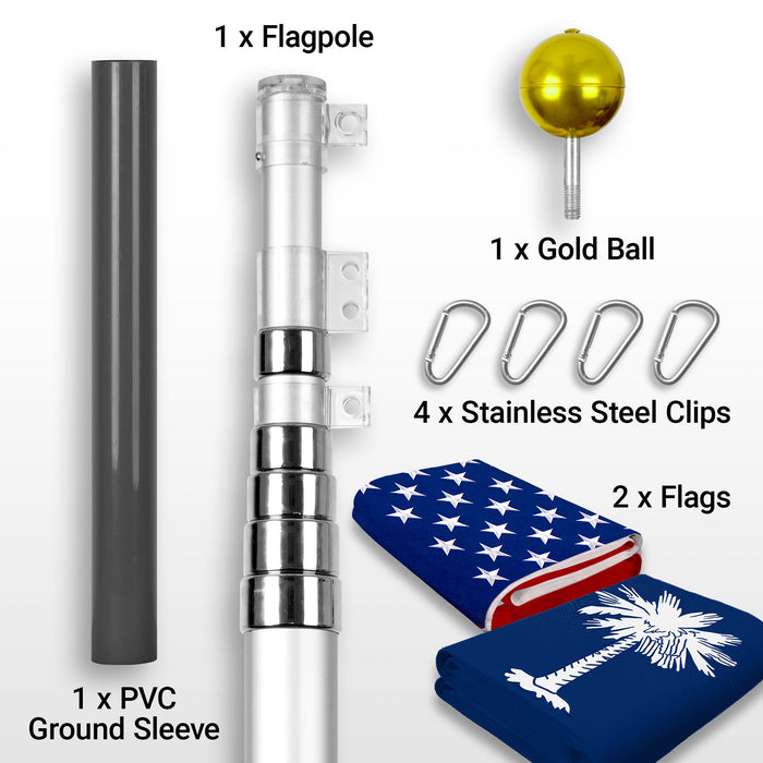 G128 Combo Pack: 20 Ft Telescoping Aluminum Flagpole (Silver) & American and South Carolina Flags 3x5 Ft, Both StormFlyer Series Embroidered 220GSM Spun Polyester | Pole with Flags Included