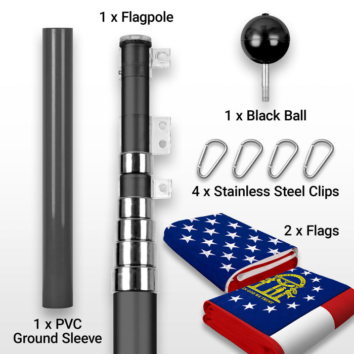 G128 Combo Pack: 25 Ft Telescoping Aluminum Flagpole (Black) & American and Georgia Flags 3x5 Ft, Both StormFlyer Series Embroidered 220GSM Spun Polyester | Pole with Flags Included