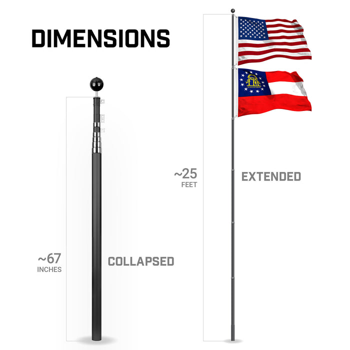 G128 Combo Pack: 25 Ft Telescoping Aluminum Flagpole (Black) & American and Georgia Flags 3x5 Ft, Both StormFlyer Series Embroidered 220GSM Spun Polyester | Pole with Flags Included