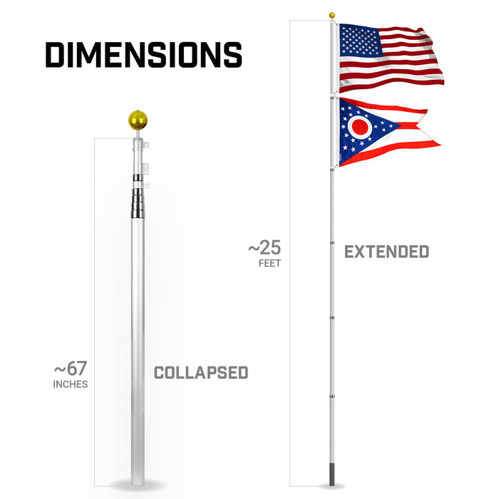 G128 Combo Pack: 25 Ft Telescoping Aluminum Flagpole (Silver) & American and Ohio Flags 3x5 Ft, Both StormFlyer Series Embroidered 220GSM Spun Polyester | Pole with Flags Included