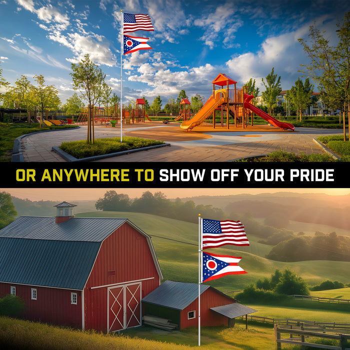 G128 Combo Pack: 25 Ft Telescoping Aluminum Flagpole (Silver) & American and Ohio Flags 3x5 Ft, Both StormFlyer Series Embroidered 220GSM Spun Polyester | Pole with Flags Included