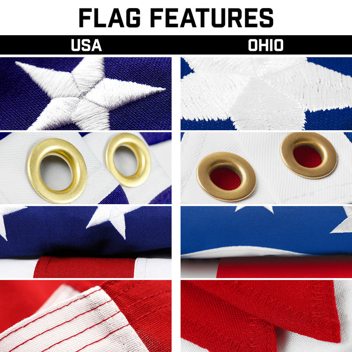G128 Combo Pack: 25 Ft Telescoping Aluminum Flagpole (Black) & American and Ohio Flags 3x5 Ft, Both StormFlyer Series Embroidered 220GSM Spun Polyester | Pole with Flags Included