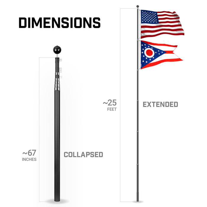 G128 Combo Pack: 25 Ft Telescoping Aluminum Flagpole (Black) & American and Ohio Flags 3x5 Ft, Both StormFlyer Series Embroidered 220GSM Spun Polyester | Pole with Flags Included