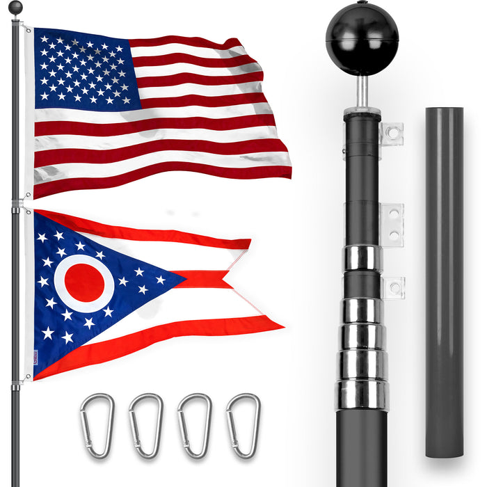 G128 Combo Pack: 25 Ft Telescoping Aluminum Flagpole (Black) & American and Ohio Flags 3x5 Ft, Both StormFlyer Series Embroidered 220GSM Spun Polyester | Pole with Flags Included