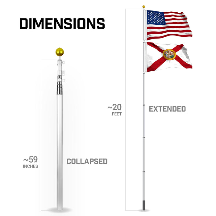 G128 Combo Pack: 20 Ft Telescoping Aluminum Flagpole (Silver) & American and Florida Flags 3x5 Ft, Both StormFlyer Series Embroidered 220GSM Spun Polyester | Pole with Flags Included