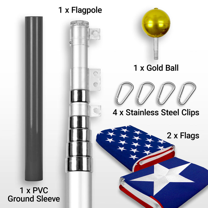 G128 Combo Pack: 20 Ft Telescoping Aluminum Flagpole (Silver) & American and Texas Flags 3x5 Ft, Both StormFlyer Series Embroidered 220GSM Spun Polyester | Pole with Flags Included