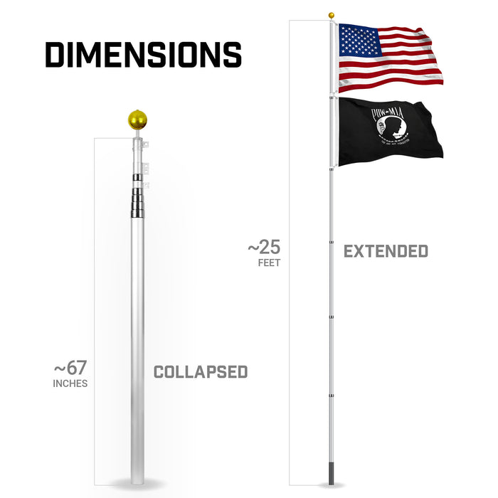 G128 Combo Pack: 25 Ft Telescoping Aluminum Flagpole (Silver) & American and POW Flags 3x5 Ft, Both StormFlyer Series Embroidered 220GSM Spun Polyester | Pole with Flags Included