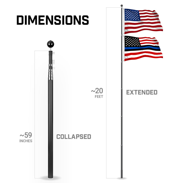 G128 Combo Pack: 20 Ft Telescoping Aluminum Flagpole (Black) & American and Blue Lives Matter Flags 3x5 Ft, Both StormFlyer Series Embroidered 220GSM Spun Polyester | Pole with Flags Included