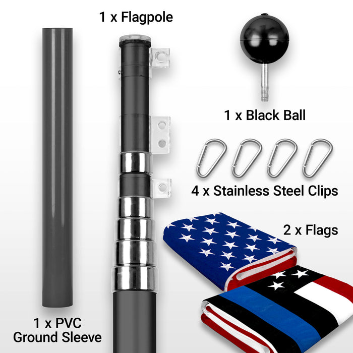 G128 Combo Pack: 20 Ft Telescoping Aluminum Flagpole (Black) & American and Blue Lives Matter Flags 3x5 Ft, Both StormFlyer Series Embroidered 220GSM Spun Polyester | Pole with Flags Included