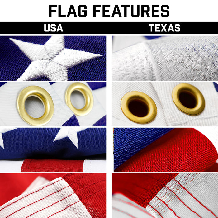 G128 Combo Pack: 20 Ft Telescoping Aluminum Flagpole (Black) & American and Texas Flags 3x5 Ft, Both StormFlyer Series Embroidered 220GSM Spun Polyester | Pole with Flags Included