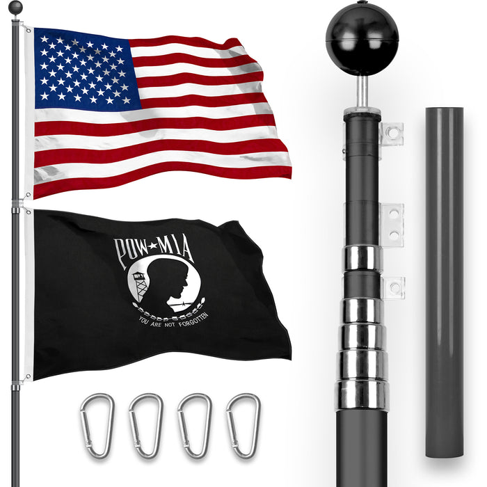G128 Combo Pack: 25 Ft Telescoping Aluminum Flagpole (Black) & American and POW Flags 3x5 Ft, Both StormFlyer Series Embroidered 220GSM Spun Polyester | Pole with Flags Included
