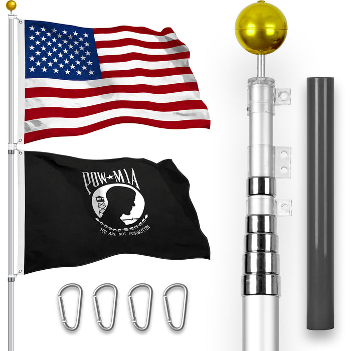G128 Combo Pack: 25 Ft Telescoping Aluminum Flagpole (Silver) & American and POW Flags 3x5 Ft, Both StormFlyer Series Embroidered 220GSM Spun Polyester | Pole with Flags Included