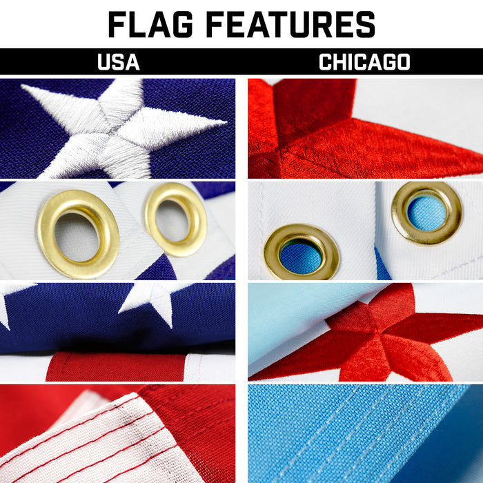 G128 Combo Pack: 25 Ft Telescoping Aluminum Flagpole (Black) & American and Chicago Flags 3x5 Ft, Both StormFlyer Series Embroidered 220GSM Spun Polyester | Pole with Flags Included