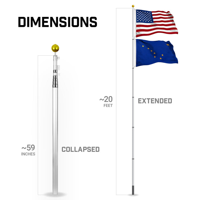G128 Combo Pack: 20 Ft Telescoping Aluminum Flagpole (Silver) & American and Alaska Flags 3x5 Ft, Both StormFlyer Series Embroidered 220GSM Spun Polyester | Pole with Flags Included