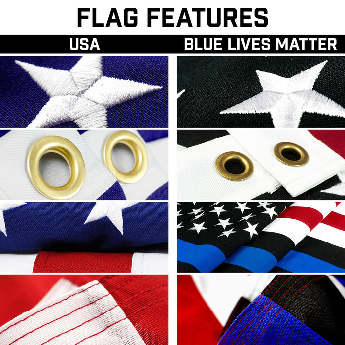 G128 Combo Pack: 20 Ft Telescoping Aluminum Flagpole (Black) & American and Blue Lives Matter Flags 3x5 Ft, Both StormFlyer Series Embroidered 220GSM Spun Polyester | Pole with Flags Included