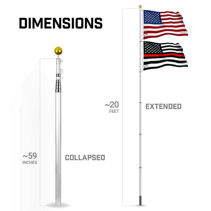 G128 Combo Pack: 20 Ft Telescoping Aluminum Flagpole (Silver) & American and Thin Red Line Flags 3x5 Ft, Both StormFlyer Series Embroidered 220GSM Spun Polyester | Pole with Flags Included