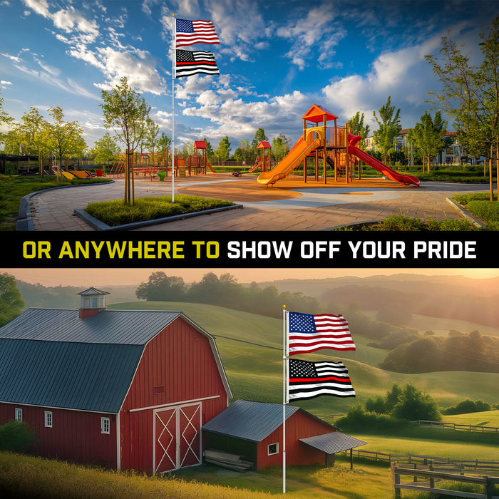 G128 Combo Pack: 20 Ft Telescoping Aluminum Flagpole (Silver) & American and Thin Red Line Flags 3x5 Ft, Both StormFlyer Series Embroidered 220GSM Spun Polyester | Pole with Flags Included