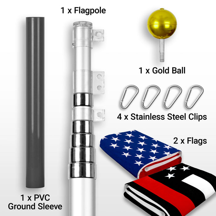 G128 Combo Pack: 20 Ft Telescoping Aluminum Flagpole (Silver) & American and Thin Red Line Flags 3x5 Ft, Both StormFlyer Series Embroidered 220GSM Spun Polyester | Pole with Flags Included